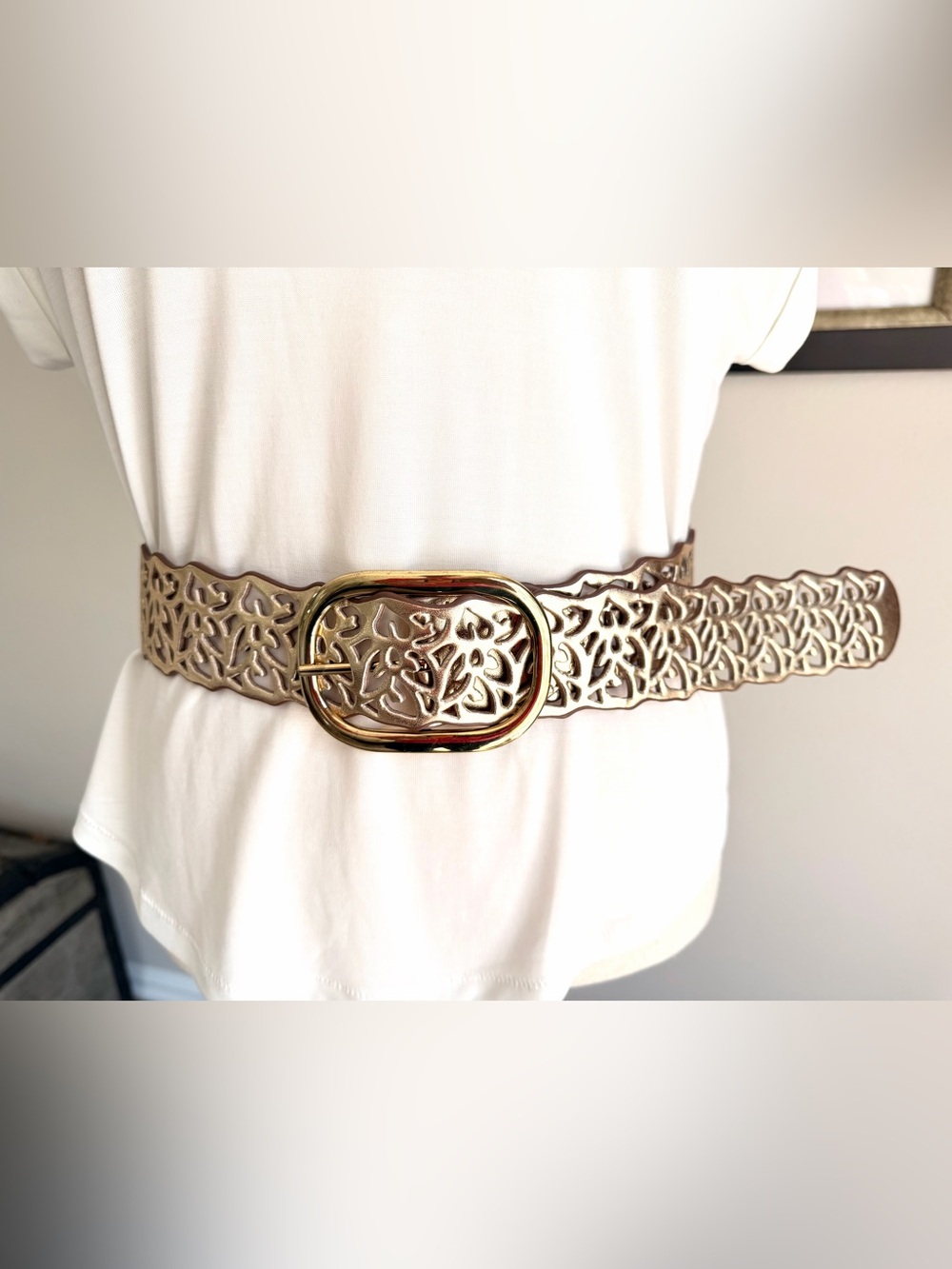 Gold Floral Cutout Wide Belt L XL Metallic Faux Leather Statement Boho